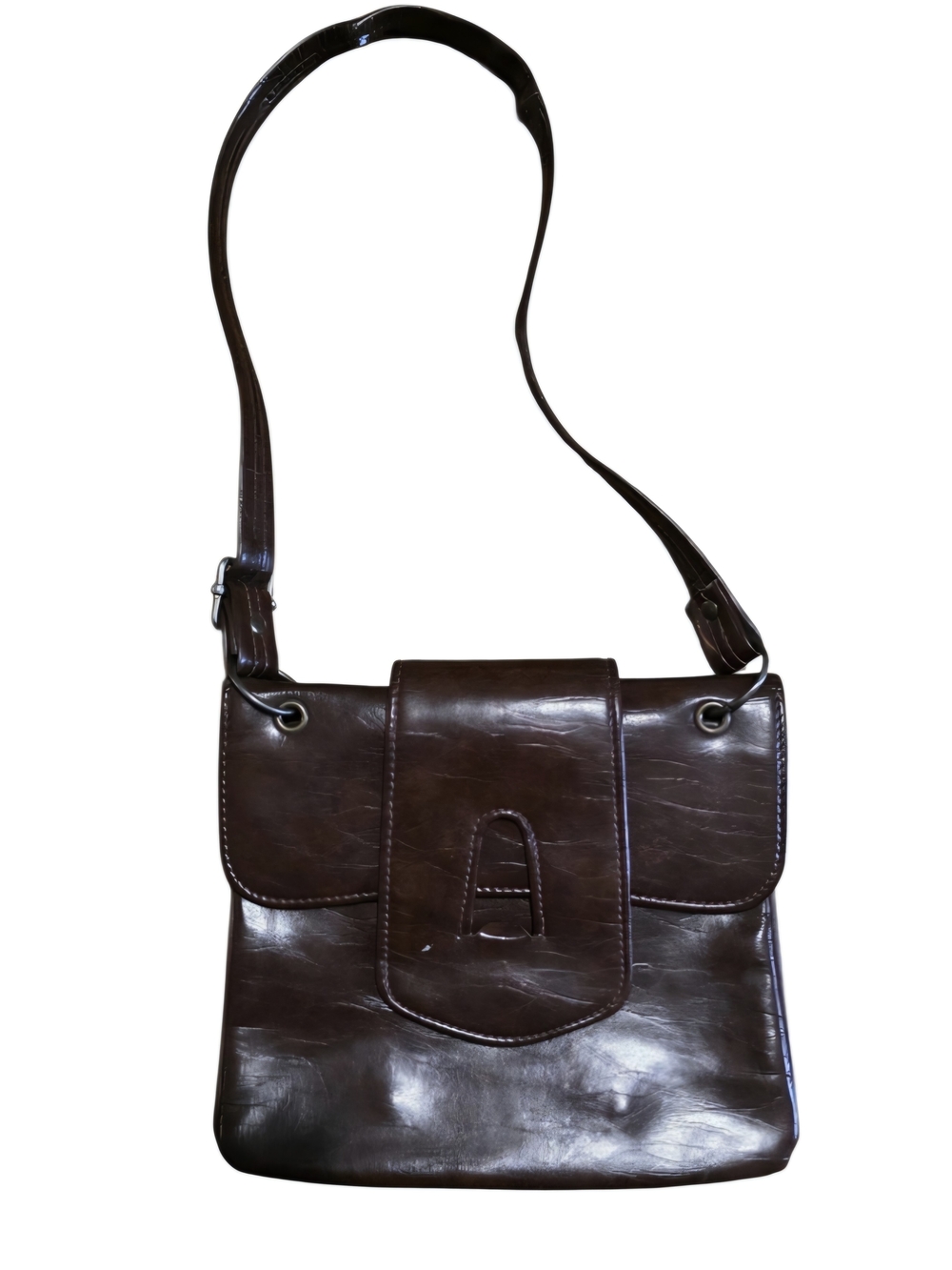 Retro Vintage Dark Brown Faux Leather Shoulder Bag w/ Flap Closure